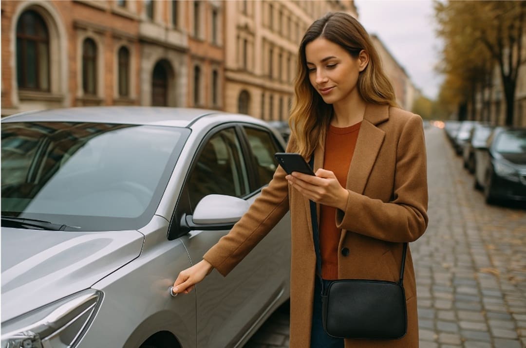 The girl gets into the rented car